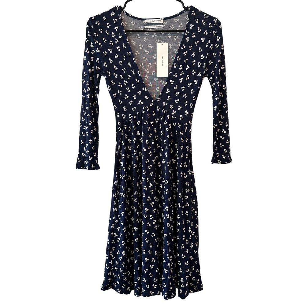 Urban Outfitters Navy White Floral Print V Neck Long‎ Sleeve Midi Dress XS